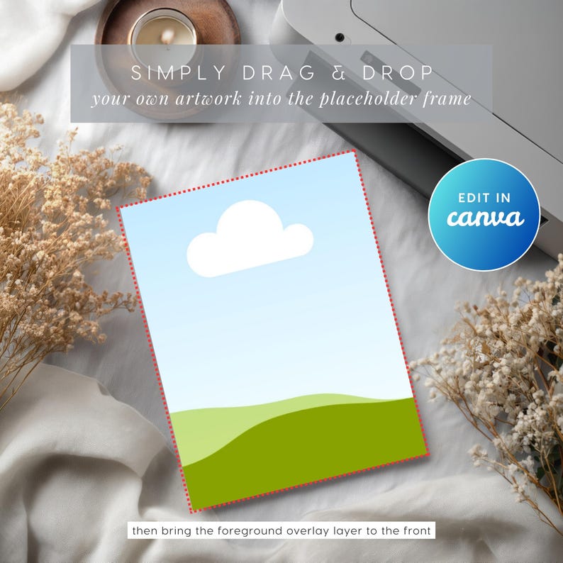 Puede incluir: Una plantilla de arte digital con un cielo azul, colinas verdes y una nube blanca. El texto dice "SIMPLY DRAG & DROP your own artwork into the placeholder frame" y "EDIT IN canva".