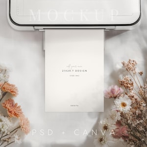 Printer with A4 Paper Styled Scene – Petal & Light | PSD + Canva Mockup