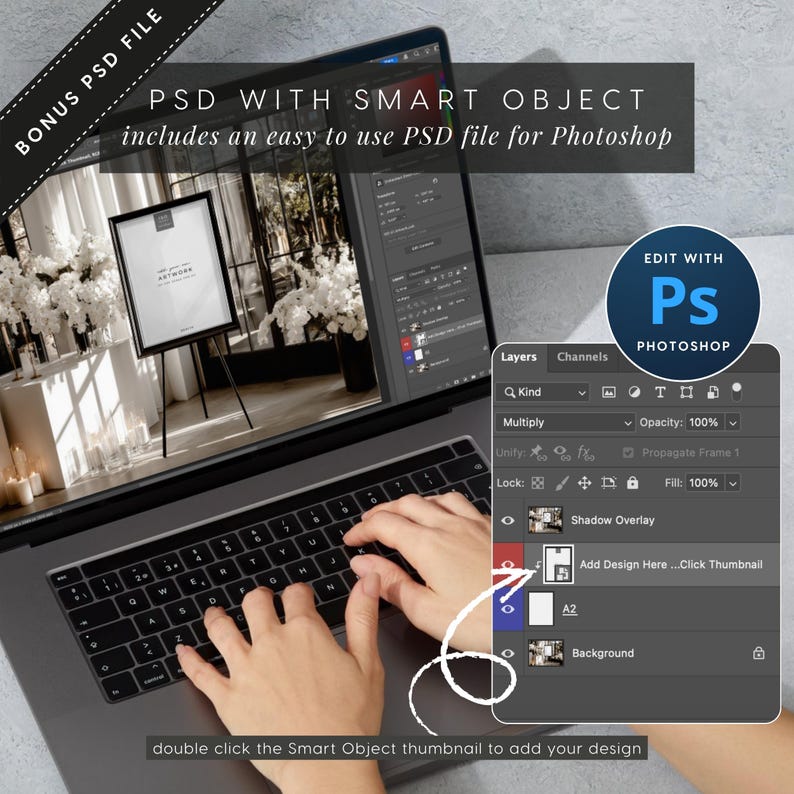 Bonus PSD file included: add your artwork by double clicking the smart object layer in Photoshop