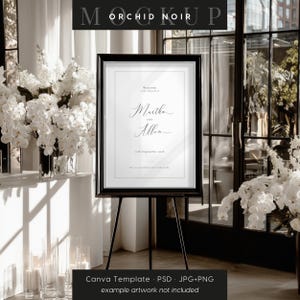 Orchid Noir framed sign on easel mockup template: includes Canva template, PSD file with smart object, and JPG+PNG overlay