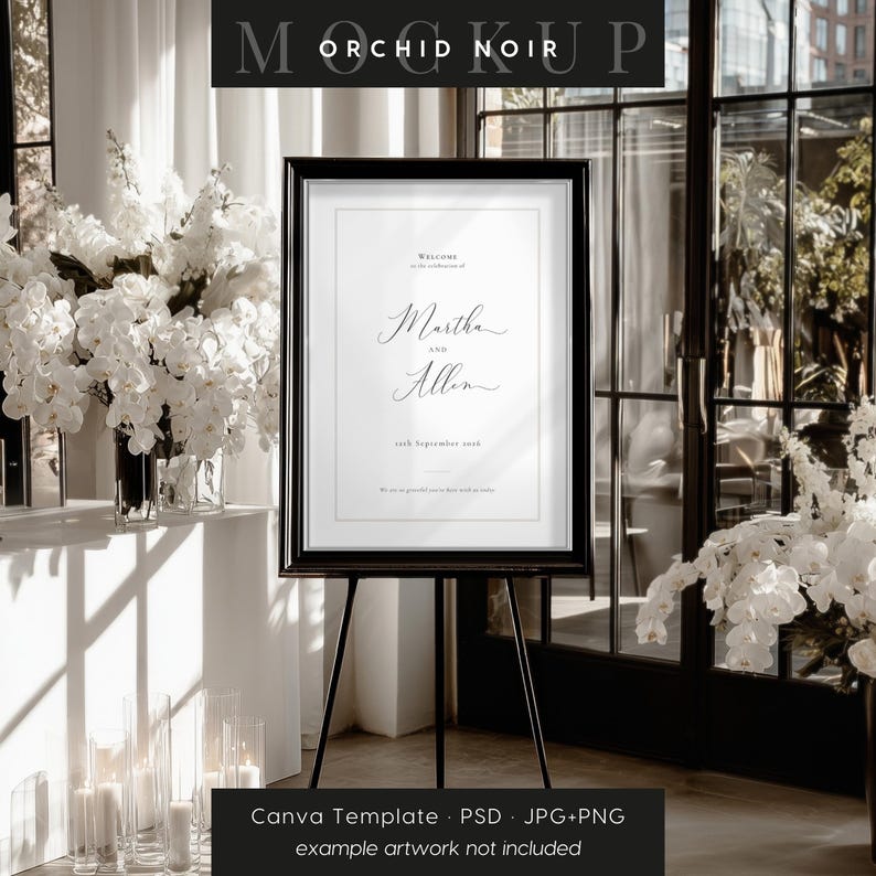 Orchid Noir framed sign on easel mockup template: includes Canva template, PSD file with smart object, and JPG+PNG overlay