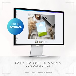 Puede incluir: Un monitor de ordenador muestra una plantilla de dise&ntilde;o con un gr&aacute;fico de paisaje. La pantalla muestra el texto "EDIT IN canva" en un c&iacute;rculo azul. El texto "EASY TO EDIT IN CANVA no Photoshop needed" est&aacute; debajo.