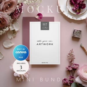 May include: A mockup scene featuring a 5x7 inch card with the text "add your own ARTWORK". The scene includes flowers, a plate, and a stamp. The words "MOCKUP" and "MINI BUNDLE" are also visible. The image also includes a button that says "EDIT IN canva + PSD".