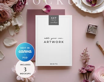 May include: A mockup scene featuring a 5x7 inch card with the text "add your own ARTWORK". The scene includes flowers, a plate, and a stamp. The words "MOCKUP" and "MINI BUNDLE" are also visible. The image also includes a button that says "EDIT IN canva + PSD".