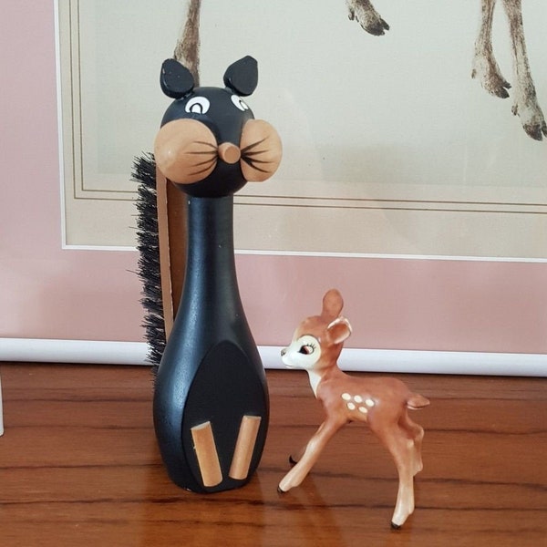 Vintage Holzkatze mit Bürste, Laurids LønborgKatze, Gunnar Florning, Danish Modern Katze, Dansk Design, Mid Century