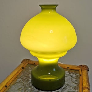 Small mushroom lamp made of mouth-blown green opal glass, made in Sweden by Flygsfors Glassworks 1970