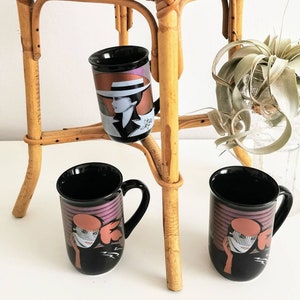 5 cups Memphis style, postmodern cups from the 80s with metallic motifs, artist cup
