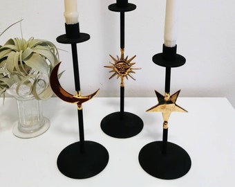 3 candle holders sun, moon and stars, brass and matt black metal, 1001 nights, mystical candle holders boho half moon