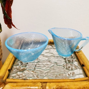 Set of sugar bowl, milk jug made of glass, light blue swirl glass, Ulrica Hydman Vallien for Åfors Glasbruk