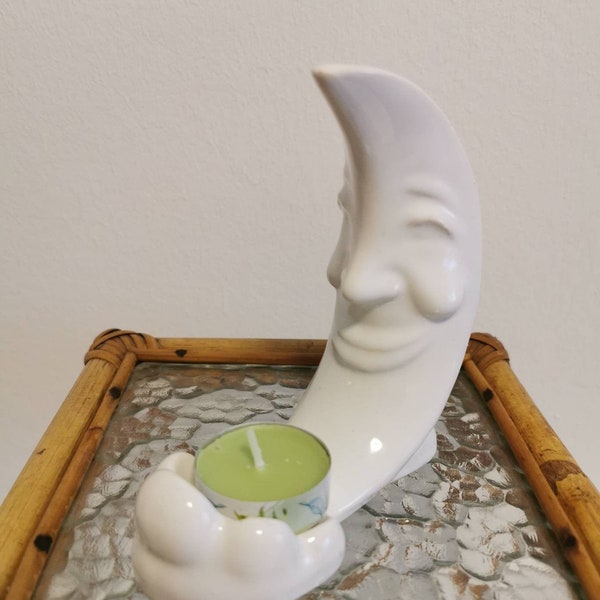 Candle holder crescent moon, made of white porcelain, candle holder from 1001 nights, boho moon tealight holder