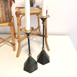 Vintage set of 2 Memphis design brass candle holders, Memphis metal candlestick, 80s, post modern,