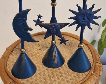 3 candlesticks sun, moon and star made of metal blue and gold, candlesticks from 1001 Nights, vintage candlesticks boho,