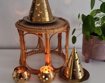 Vintage candlestick moon and star made of brass, light cone, 1001 Nights brass candlestick, Harry P. glowing magic hat, boho moon