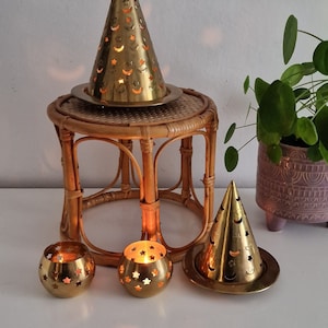 Vintage candlestick moon and star made of brass, light cone, 1001 nights brass candlestick, Harry P. glowing magic hat, boho moon