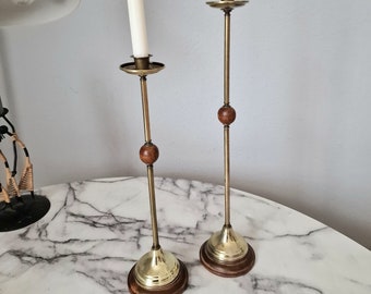 2 vintage brass candlesticks with wooden ball in boho style, candlestick,