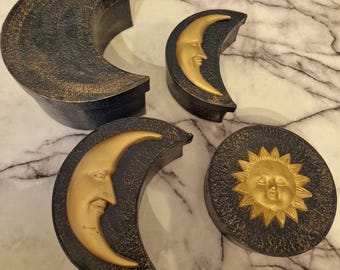 Box set, sun, moon, stars, cardboard lid boxes from the 1980s, for small treasures, jewelry storage.