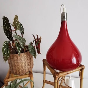 May include: A red glass pendant lamp with a white cord hanging from a bamboo stand. The lamp is on a white surface with two potted plants.