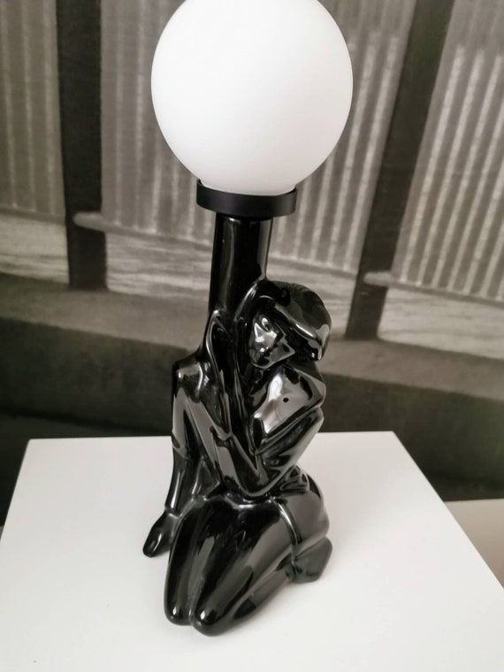 Black Table Lamp 80s Seated Lady Made of Ceramic Art Deco Table