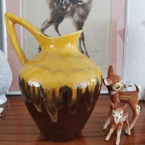 Vase Fat Lava from the manufacturer Es Keramik marked 883/20, beautiful jug ceramic mustard yellow with brown, West German ceramic vase mustard yellow