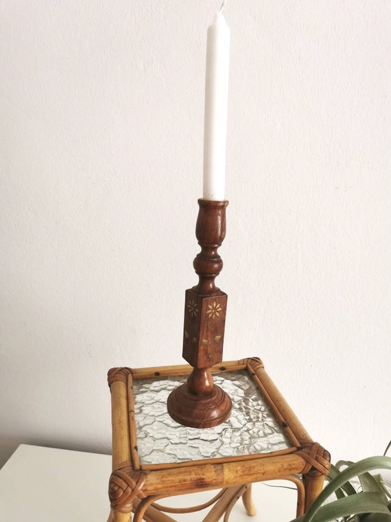 Oriental Candlestick Made of Rosewood With Brass Inlays, Wooden Candlestick  
