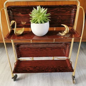 Bremshey dinette uit het midden van de eeuw in palissanderlook goud, jaren '70 bartrolley vintage serveerwagen, vintage gouden dinette trolley, retro glam theewagen