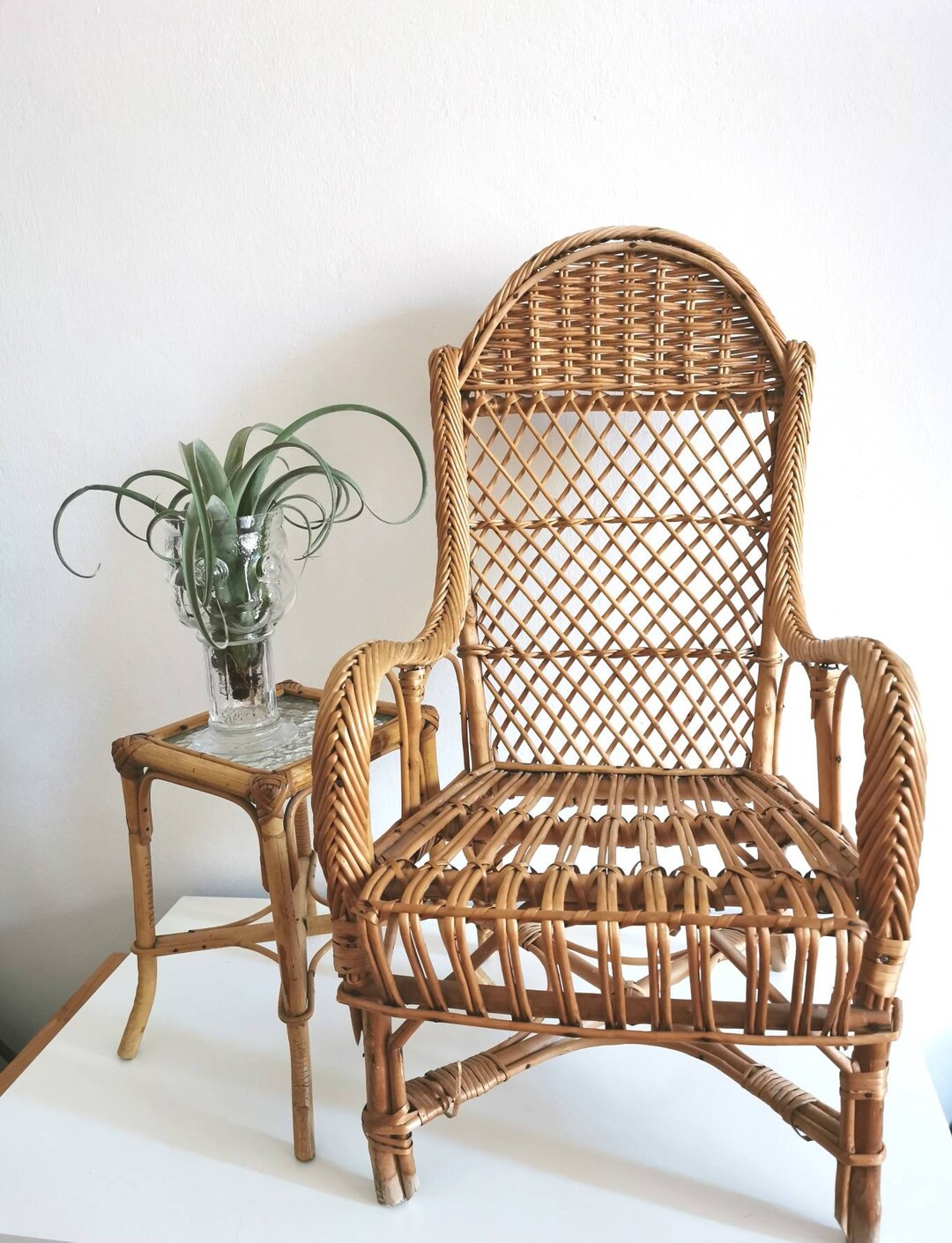 Children's Rattan Chair 1970 True Vintage, Boho Style Wicker Chair for Children 1970, Highback