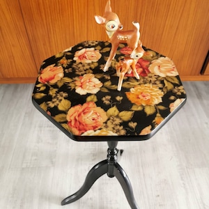 Romantic plant stand, black with rose pattern, beautiful shabby chic side table, urban jungle flower stool