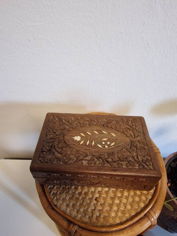 Vintage wooden box made of rosewood carved with m… - image 3