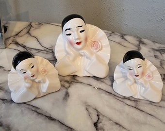 Vintage Pierrot collection of 3 figures true vintage 80th made of porcelain, Pierrot love figure 1980 like Mira Fujita, porcelain bust