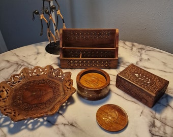 Vintage wooden objects in boho style, wooden box, wooden table utensil silo, wooden coasters, wooden bowl