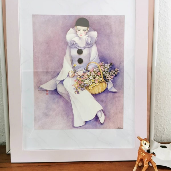 Mira Fujita art print Pierrot with rose true vintage 80th with glass frame 40 cmx 30 cm, Pierrot love Poster 1980 by Mira Fujita with frame