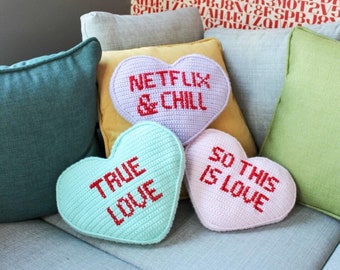 Valentine's Day Candy Heart Pillow Crochet Pattern