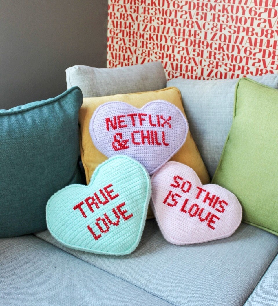 40 Valentine Crochet Patterns to Make for Gifts, Decor, and Cozy Seasonal Touches 39 Valentine's Day Candy Heart Pillow Crochet
