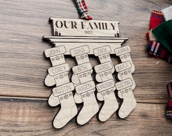 Wooden Family Christmas Ornament, Personalized Stocking Ornament, Christmas Mantle Keepsake, Customized Family Names, Large Family Ornament