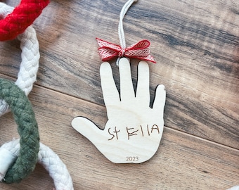 Custom Kid Handprint Ornament, Personalized Kids Handwriting, Wooden Hand Print, Keepsake for Mom, Child Ornament for Growth