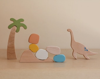 Plesiosaur stacking toy, open ended play, Montessori play, stacking toy, pebble stacking toy, dinosaur, wooden animals