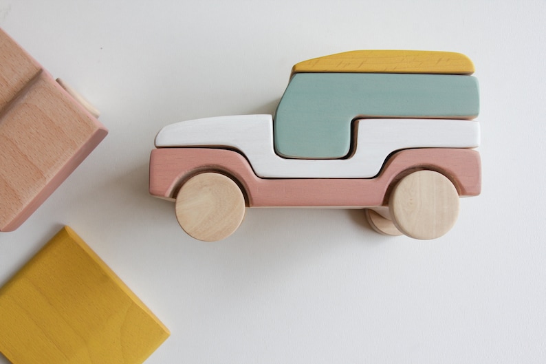 Stacking toy, wooden toy, handmade, car, jeep,toddlers toy, open ended play image 1
