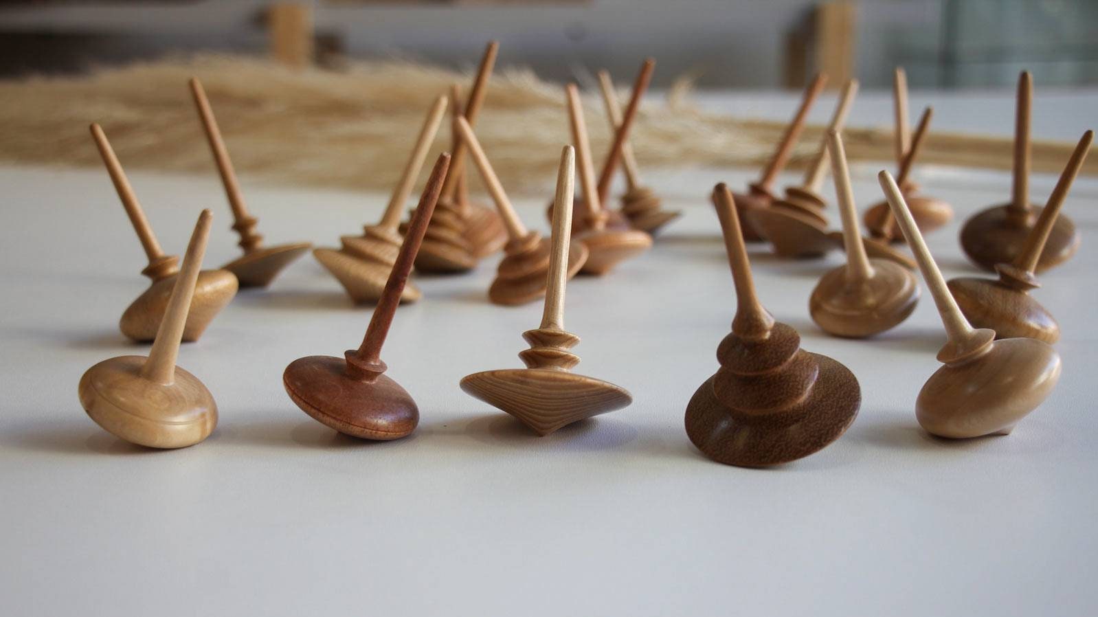 Handmade wooden spinning tops.