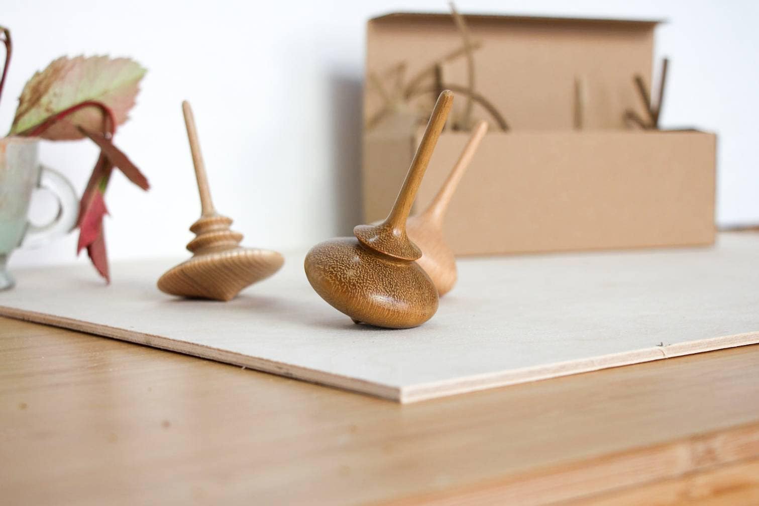 Handmade wooden spinning tops.