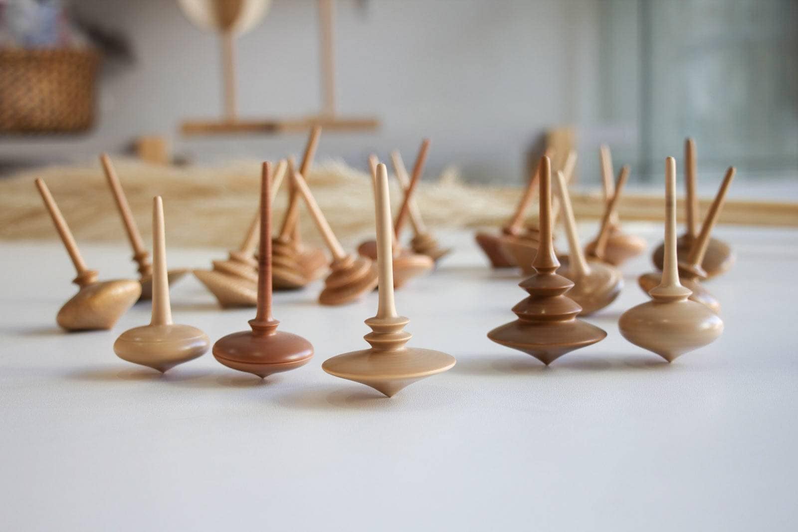 Handmade wooden spinning tops.