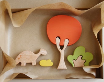 Dinosaur tree puzzle - Scarlet tree, open ended play, Montessori play, stacking toy., wooden animals