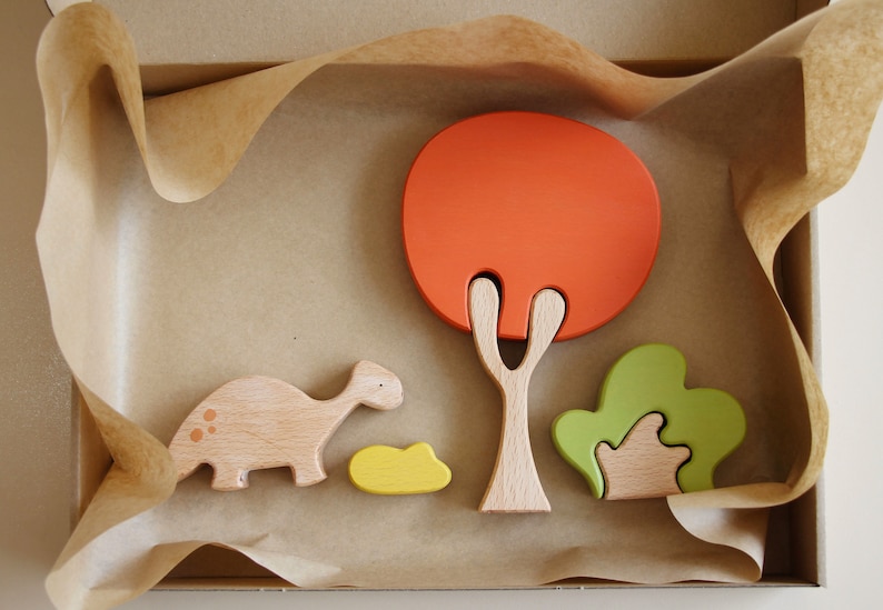 Dinosaur tree puzzle Scarlet tree, open ended play, Montessori play, stacking toy., wooden animals image 1