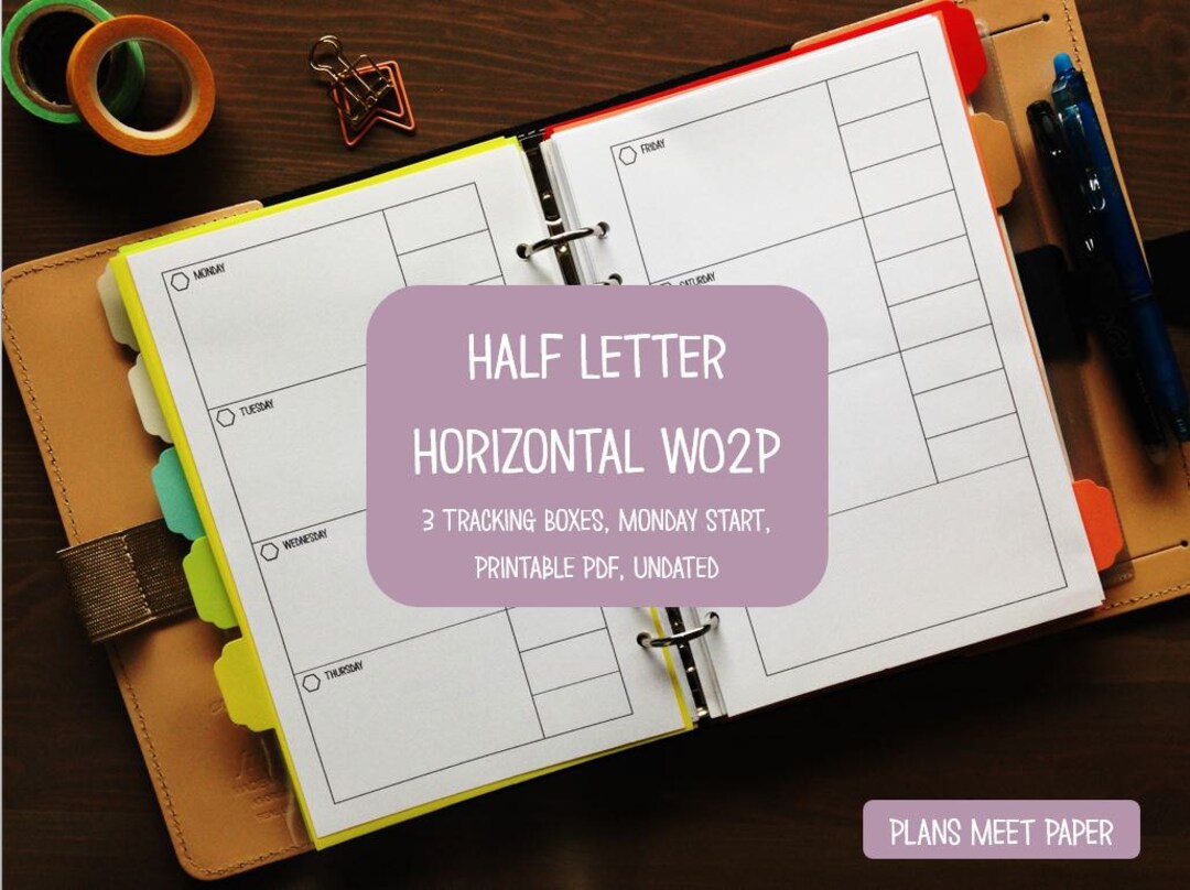 PRINTABLE Weekly Planner Insert, Half Letter Horizontal Week on 2 Pages ...