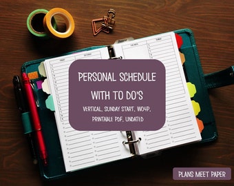 PRINTABLE Personal Vertical Schedule with To Dos Week on 4 Pages Sunday Start