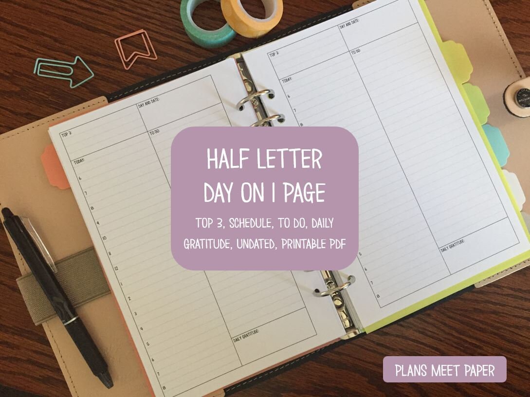 PRINTABLE Half Letter Daily Insert, Day on 1 Page, Schedule, Top 3, to ...