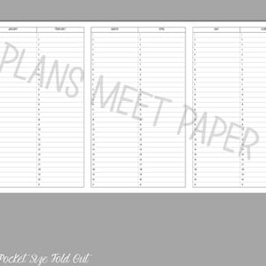 May include: A printable pocket-sized calendar for the months of January to June. The calendar is divided into six columns, one for each month. Each column has 31 rows, numbered 1 to 31, for each day of the month. The calendar is designed to be folded out, making it easy to carry and use.