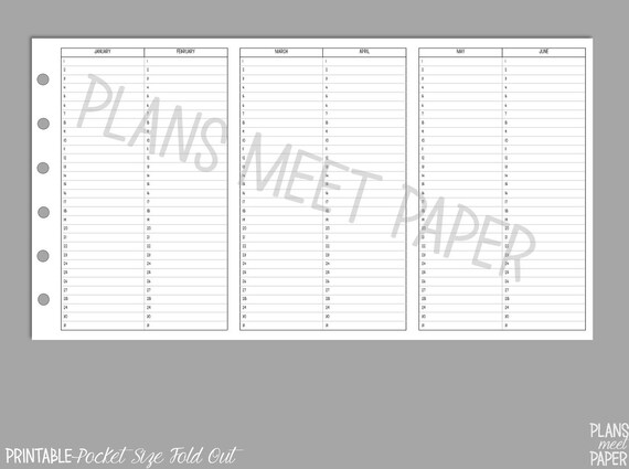 PRINTABLE Pocket Size Fold Out Yearly Insert, 12 Month Planner, Undated