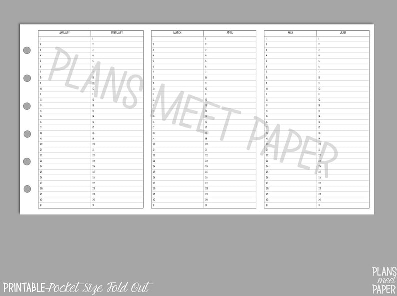 May include: A printable pocket-sized calendar for the months of January through June. The calendar is divided into six columns, one for each month. Each column has 31 rows, numbered 1 through 31, for each day of the month. The calendar is designed to be folded out, making it easy to carry and use.