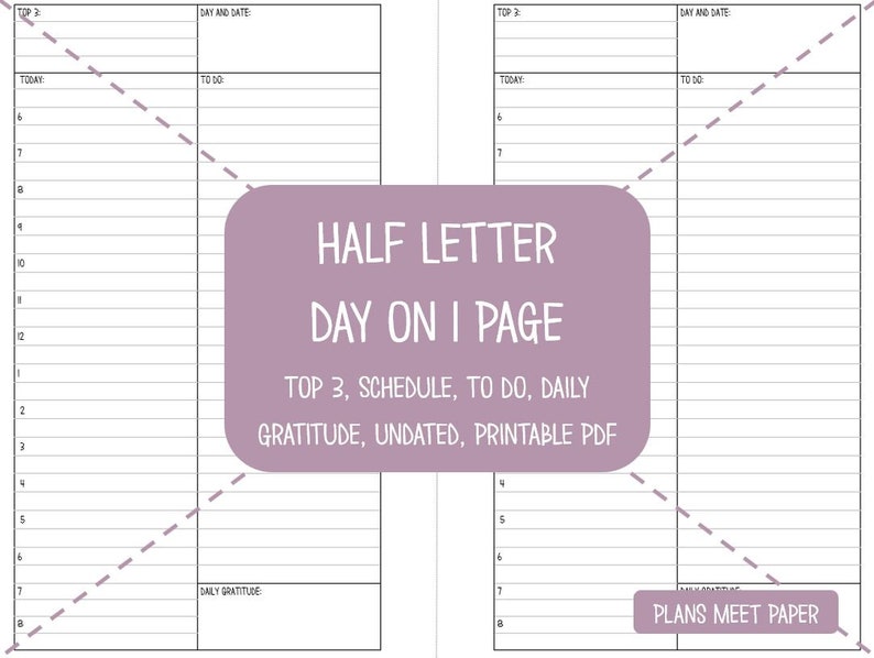 PRINTABLE Half Letter Daily Insert, Day on 1 Page, Schedule, Top 3, to ...