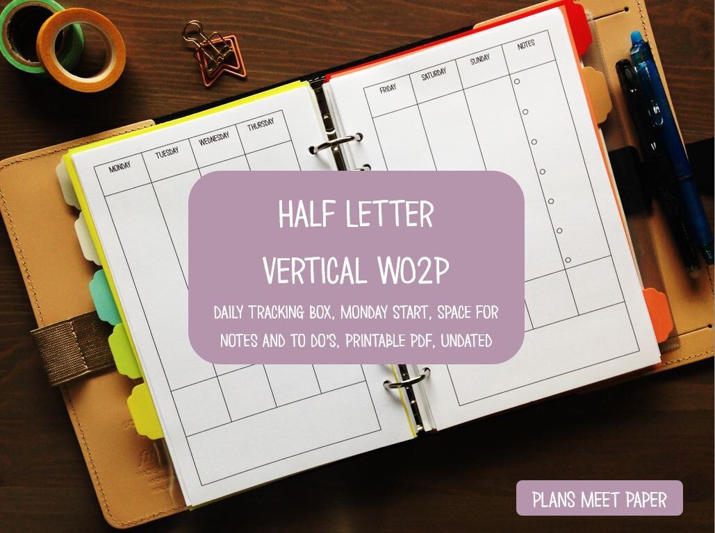 PRINTABLE Half Letter Vertical Weekly Insert Week on 2 Pages Monday Start - Etsy
